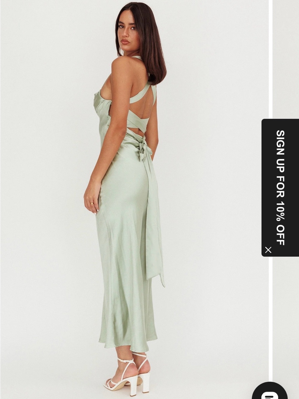 Selfie Leslie Sage Green Satin Cross-Back Midi Slip Dress